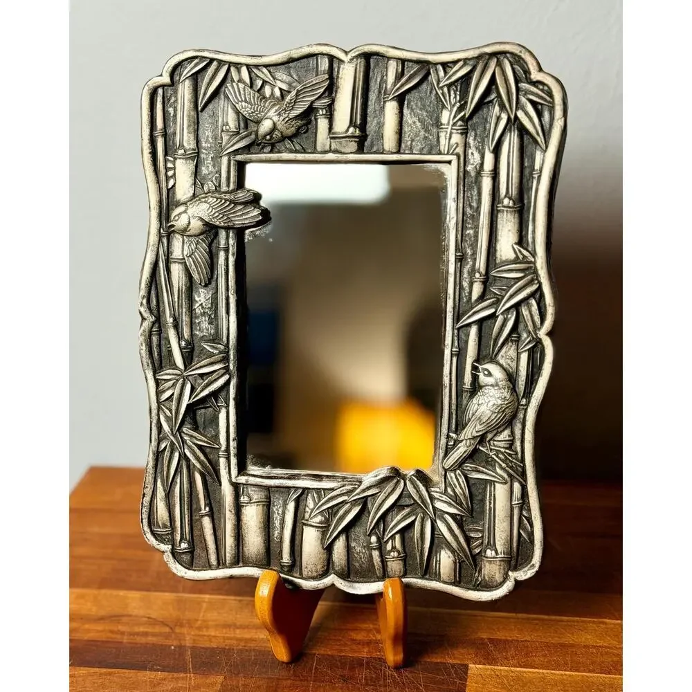 Vintage Chinoiserie Bamboo Bird Mirror | Silver Tone Hollywood Regency